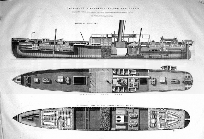 Antique Print of 1868 Twin-screw Steamers Honfleur Rennes Ships Millwall Craven Engineer.jpg