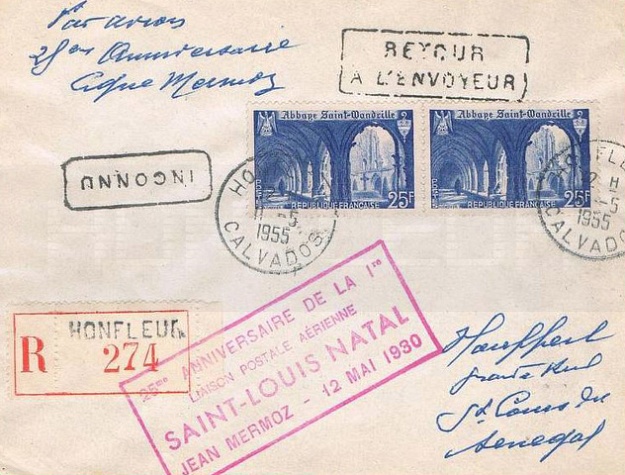 25° anniversaire de la 1° première liaison postale aérienne par Mermoz  11 mai 1955 St Louis Natal  Retour à l\'envoyeur  St Louis Honfleur..jpg
