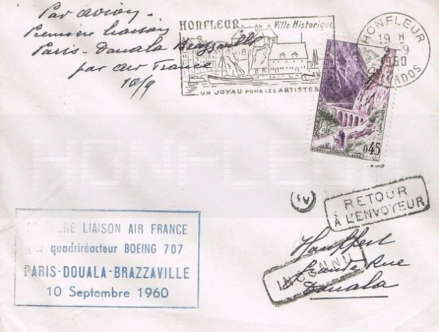 Première liaison France Paris Douala Brazzaville le  10 Septembre  1960 Retour à l\'envoyeur  Douala Honfleur.jpg