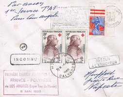 Première liaison France Polynésie via Los Angeles   6 mai 1960 Retour à l'envoyeur  Nouméa Honfleur.