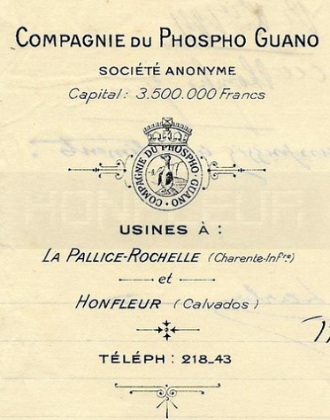 Entête de la Cie du Phospho Guano Engrais (Paris, La Rochelle (usine La Pallice),  et Honfleur en 1911.jpg