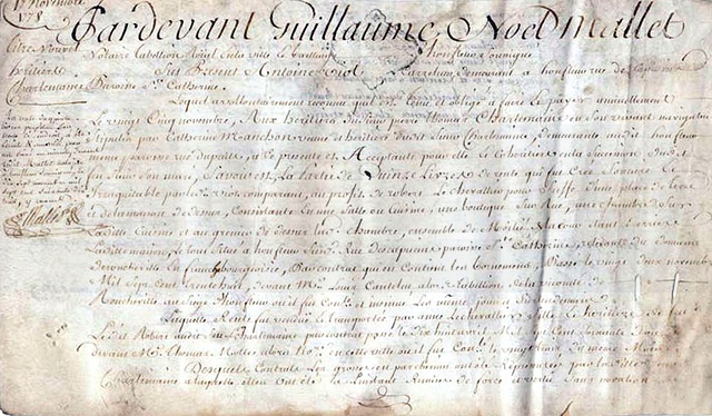 Parchemin de 1778 concernant diverses familles de HONFLEUR dont Charlemaine , navigateur....jpg